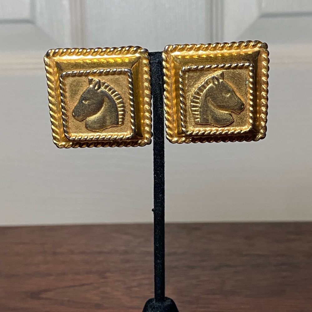 Escada Vintage 90s Equestrian Horse Head Gold Tone Square Earrings